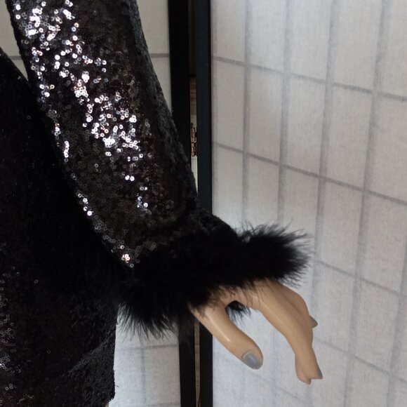 Glamorous Crystal Doll Black Sequin Mini Dress with Feather-Trim Sleeves Sz S - Picture 7 of 9